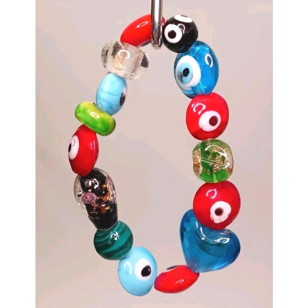 Vintage Artisan Evil Eye Art Glass Beads Beaded 7" Stretch Bracelet Multicolored